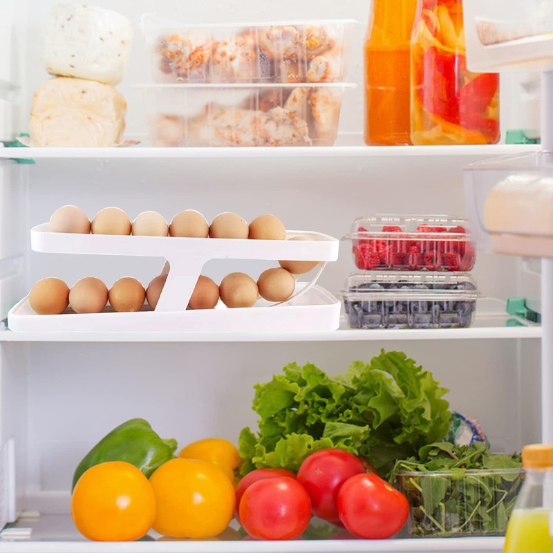 Amfrpar Egg Holder Fridge Egg Container 2 Layers Automatic Rolling
