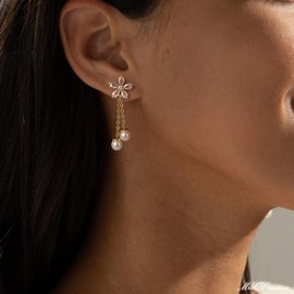 Moodear Pearl Drop Earrings - Dainty 14K Gold Plated Dangle Earrings for Women Trendy Chain Studs Earring Hypoallergenic Bridal Wedding Jewelry