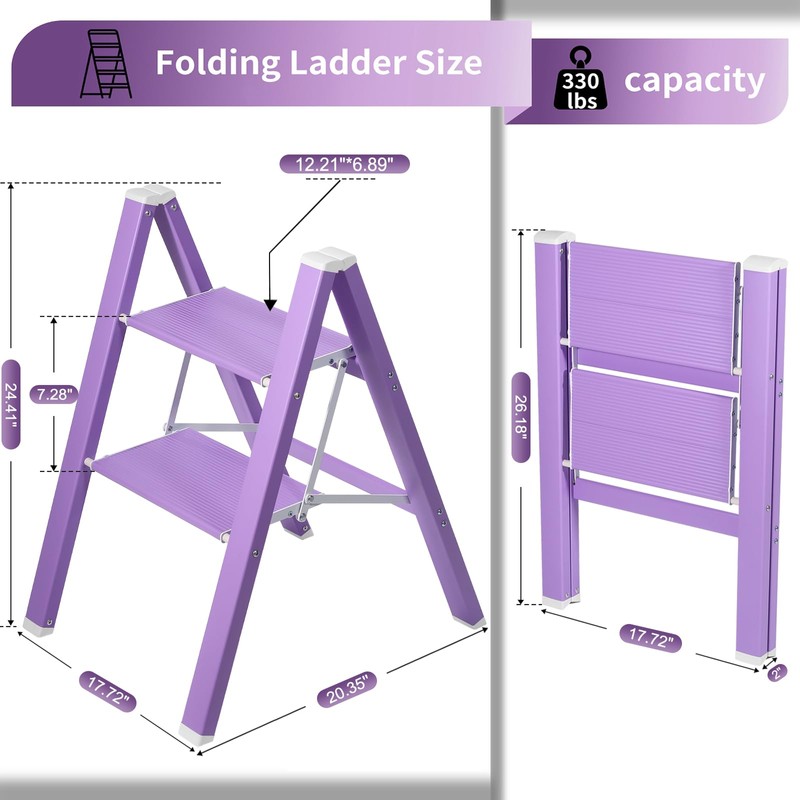 2 Step Lightweight Folding Ladder for Home, 330lbs Aluminum Step