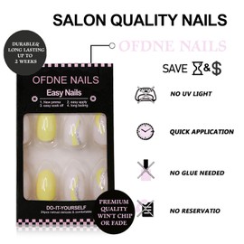 Short Almond Press on Nails Yellow OFDNE Fake Nails Full Cover False Nails Glitter Swirl Designs Glossy Glue on Nails Solid Colour Stick on Nails Reusable Acrylic Nails for Women Girls 24 Pcs