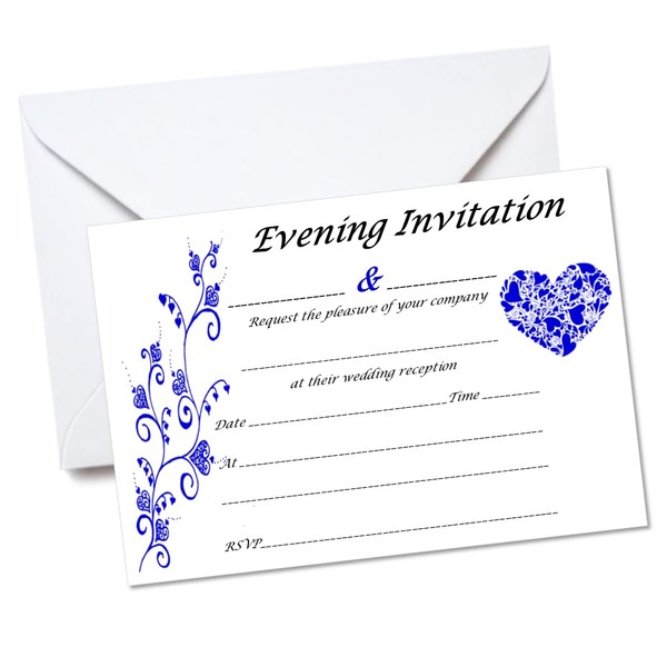 Pack of 10 Royal Blue Evening Wedding Invitations with envelopes
