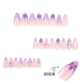 Flower Press on Nails Medium Almond Fake Nails with 3D Pearl Designs Stick on Nails Purple French Tip False Nails Glossy Summer Full Cover Artificial Acrylic Glue on Nail for Women Manicure 24Pcs