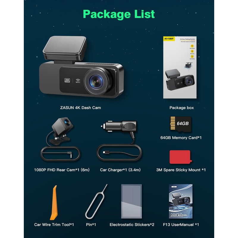 Dash Cam Front and Rear 4K+1080P, UHD Built-in WiFi DashCam
