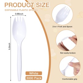 Eaasty 3000 Count Plastic Disposable Sporks Bulk White Cutlery Spork 2 in 1 Heavy Weight Fork Spoon for Outdoor Activities School Picnics Parties Restaurants