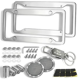 Rugged Stainless Steel License Plate Frame 2 Pack, Resistant Rustproof Car Tag Holder with Anti-Theft Screw Caps, Rattle-Proof Pads, Tire Valve Caps, 