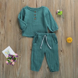 VISGOGO Toddler Boy Linen Outfit Baby Boy Girl Fall Winter Clothes Set Button-Down Shirt Tops Cotton Linen Pants 2PCS (H-Blue, 18-24 Months)