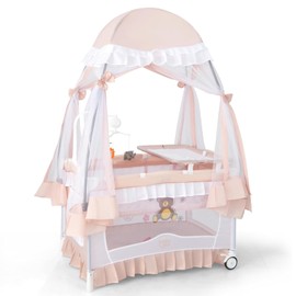 BABY JOY 4 in 1 Pack and Play with Canopy, Portable Baby Playard with Bassinet, Double-Layer Baby Crib, Wheels & Brake, Foldable Baby Girl Pink Bassinet from Newborn to Toddler