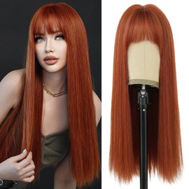 7JHH WIGS 26Inch Long Straight Wig with Bangs Ginger Wig Heat Resistant Synthetic Ginger Orange Wig Make Natural Looking Wigs for Women Party Cospaly Wig and Daily Used