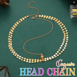 Banatra Boho Head Chain Gold Sequins Hair Chain Layered Headpiece Festival Wedding Costume Hair Accessories for Women (Gold, One Size)