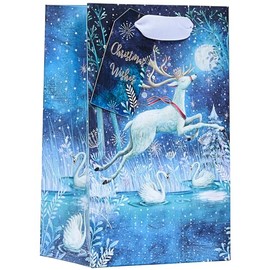 Design By Violet Christmas Wishes Whimsical White Stag Design Gift Bag with Gift Tag - White/Blue - Small - Gift Bag for Christmas, Gift Wrap, Christmas Wrapping Paper, Xmas, Festive Gift Bag