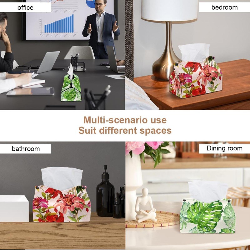 2 Pack Tissue Box Cover Holder, Greenish Lily Flower Rectangle