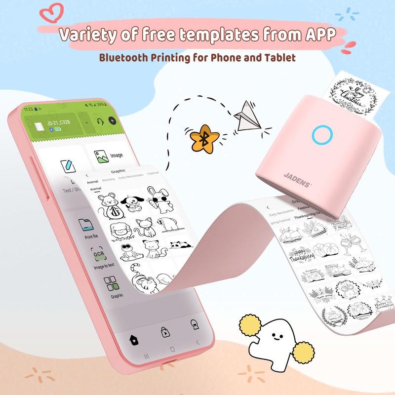 JADENS Mini Sticker Printer-2 Inch Bluetooth Thermal Pocket Printer,Inkless Portable