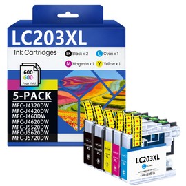 LOVPAIN LC203XL Ink Cartridges High Yield 5-Pack 2BK/C/M/Y Replacement for Brother LC203 XL LC201 LC203BK Ink MFC-J480DW MFC-J485DW MFC-J460DW MFC-J4620DW MFC-J4420DW Printer
