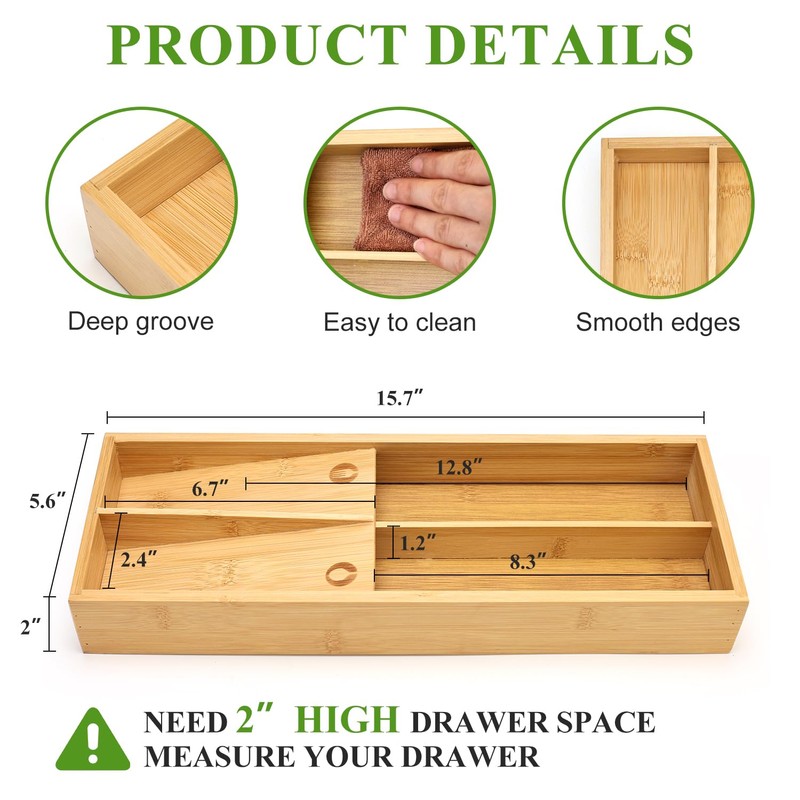 Bamboo Silverware Drawer Organizer Small Utensil Tray Wood Cutlery Organizer