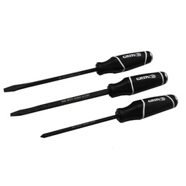 GRIP 3 pc Professional Striking Screwdriver Set - Solid Steel Cap - Go-Thru Blade - 5/16” x 8” flat screwdriver, 3/8” x 8” flat screwdriver, #2 x 6” phillips screwdriver