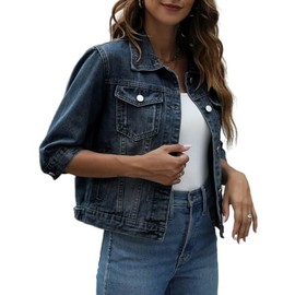 happlan Women's 3/4 Sleeve Short Denim Jacket Lapel Button Down Cropped Trucker Jean Jackets Coats(0496-DarkBlue-M)
