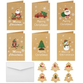 Christmas Cards 24 PCS,6 Styles Merry Christmas Kraft Greeting Cards,Xmas Blank Brown Gift Vintage Cards With Envelopes And Stickers for Christmas Winter Holiday 2022 New Year Kids Boys Girls