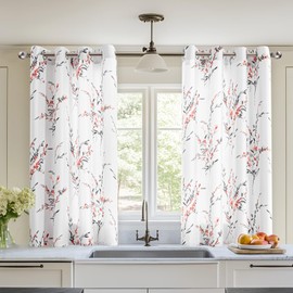 MYSKY HOME Kitchen Floral Curtains Thermal Insulated Light Filtering with Leaf Pattern Printed for Girls Bedroom Nursery Bathroom Dormer Window, 52 Inch Width by 54 inch Length, 2 Panels, Coral