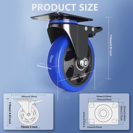 Caster Wheels 3 Inch, Swivel Casters Set of 4 Heavy Duty with Safety Dual Locking, Plate Casters with Double Ball Bearings, Industrial Castor Wheels for Furniture,Workbench(Free Hardware Kits)