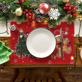 Artoid Mode Snowman Tree Gingerbread Red Christmas Placemats Set of 4, 12x18 Inch Seasonal Winter Holiday Table Mats for Party Kitchen Dining Decoration
