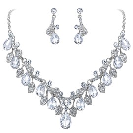 BriLove Wedding Bridal Jewelry Set for Women Crystal Enamel Teardrop Cluster Leaf Vine Statement Neckalce Dangle Earrings Clear Silver-Tone