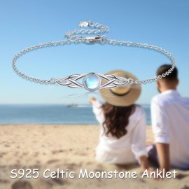POPLYKE 925 Sterling Silver Celtic Anklet Women's Irish Moonstone Anklet Moonstone Anklet Knot Viking Moonstone Jewellery, Silver Sterling Silver, Moonstone