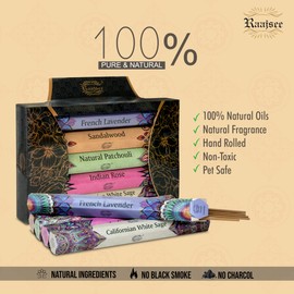 Raajsee Incense Sticks 5 Pack Variety Set 20 Sticks Each (Total 100 Sticks), Californian White Sage-French Lavender-Sandalwood-Natural Patchouli-Indian Rose,100% Organic Natural Hand Rolled