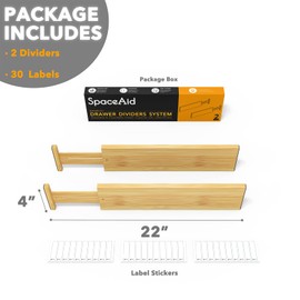 SpaceAid 4“ High Bamboo Deep Drawer Dividers with Labels, Kitchen Adjustable Drawer Organizers, Expandable Organization for Home, Office, Dressers and Bathroom, 2 Dividers (17-22 in)