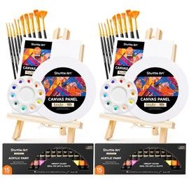 Shuttle Art 58 Pack Acrylic Paint Set, Painting Kit with 2 Pack of 15 Colors Acrylic Paint, 2 Sets of Wooden Easels, Canvas, Brushes & Palettes, Art Painting Supplies Kit for Adults Kids Beginner