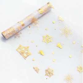 10M Christmas Table Runner Gold Table Decorations Gold Table Runner Snowflakes Xmas Tree Tulle Roll for Christmas Party Table Decor