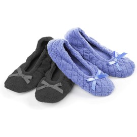 Isotoner Women's 2 Pack Mictroterry Ballerina Slipper with a Satin Bow, Plush Lining and Suede Sole, Periwinkle Quilted/Ash Solid, 8-9