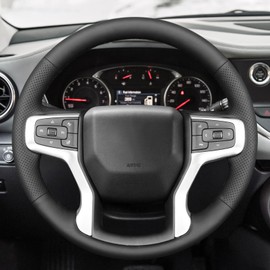 MEWANT DIY Hand Stitch Black Genuine Leather Steering Wheel Cover Wrap for Chevy Silverado Blazer 1500 Silverado 2500