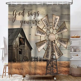 Jipusai Western Barn Windmill Shower Curtain Sets for Bathroom,Rustic Inspirational Quotes Country Vintage Shower Curtains, Waterproof Farmhouse Bathroom Bathbub Decor Curtains with Hooks 70X70IN