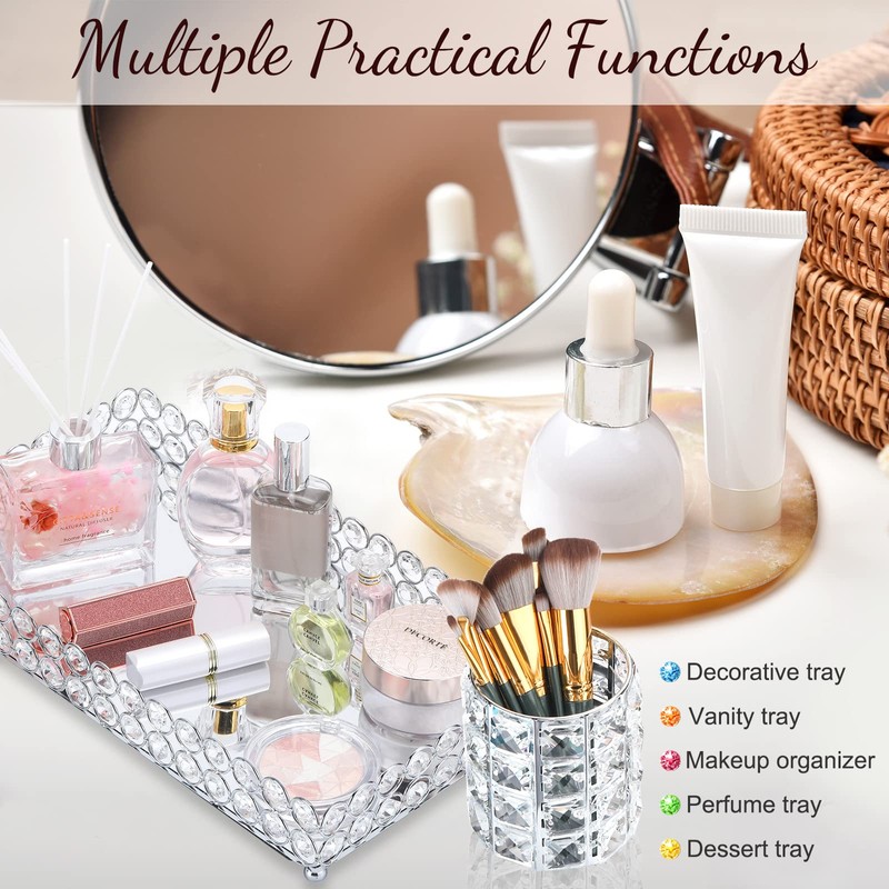 3 Pieces Perfume Tray Crystal Vanity Tray Mirrored Crystal Cosmetic