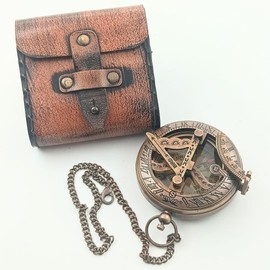 Brass Sundial Compass in Leather Case - Nautical Gifts for Men, Antique Sailing Anniversary Gadget for Him, Unusual Unique Nautical Decor, Naval Maritime Pocket Watch Clock