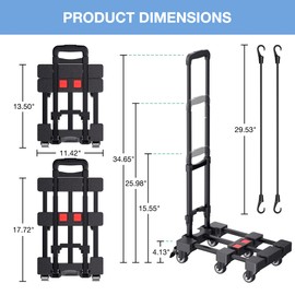 Folding Hand Truck, 500 LB Heavy Duty Luggage Cart, Portable Utility Dolly Platform Cart with Retractable Handle & 6 Wheels & 2 Elastic Ropes for Luggage, Moving, Travel, Shopping, Office Use