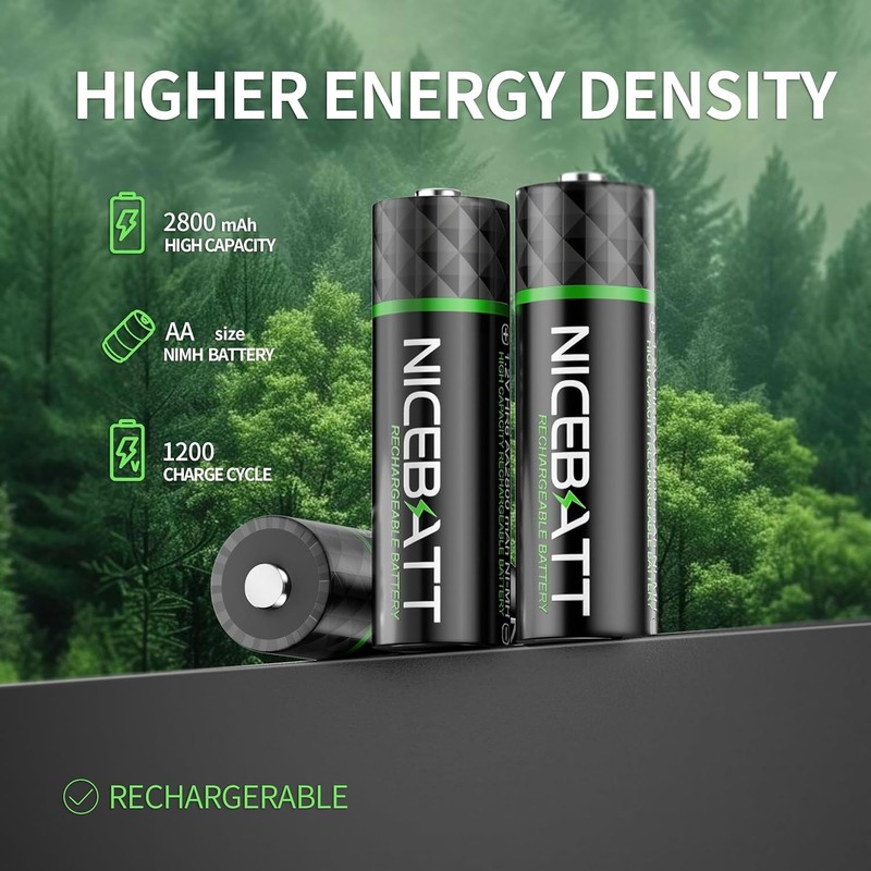 NICEBATT Rechargeable AA Batteries with Charger, 2800mAh High Capacity Low