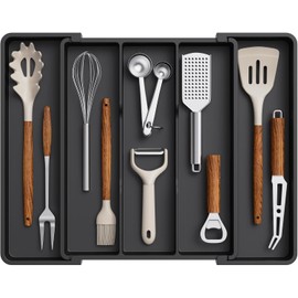 Lifewit Organizador de Cubiertos, Expandible de 28 a 45 cm, Bandeja Ajustable para Cubiertos, Soporte de Plástico para Espátulas y Separador de Utensilios de Cocina, Negro