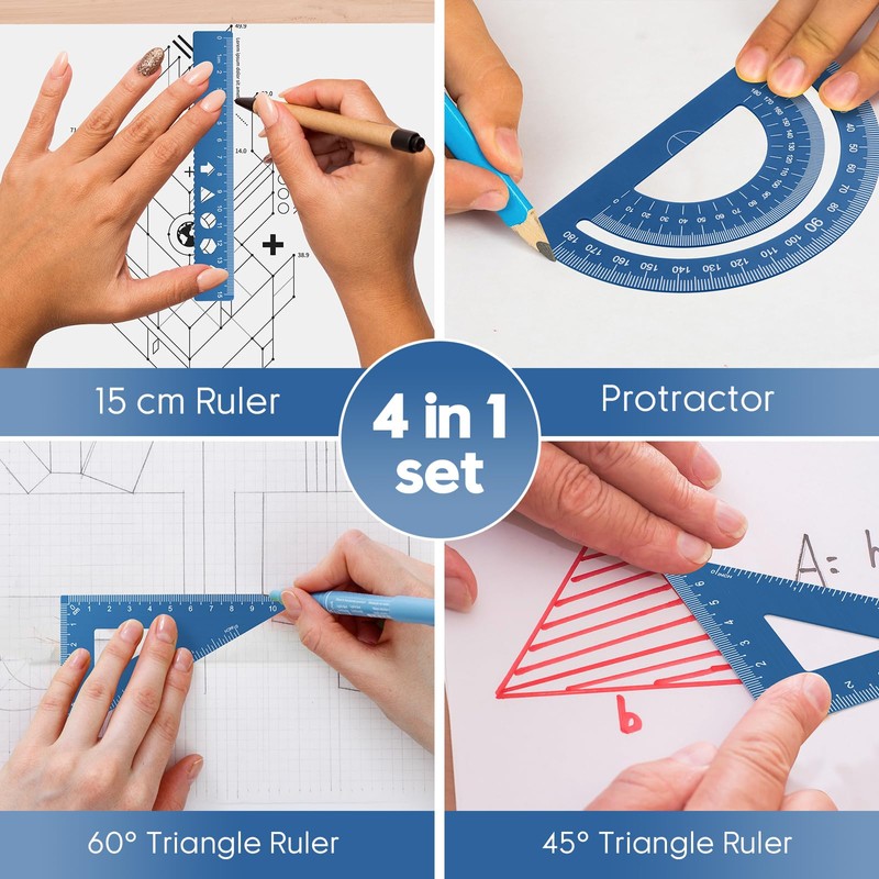 MSDADA 8 Pieces Aluminium Alloy Ruler Set Protractor Triangle Mathematics