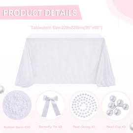 Tablecloth White 228 x 228 cm Satin Tablecloth DIY Washable with Bow and Beads Tablecloth Outdoor for Wedding, Party, Christmas, Banquet, Birthday