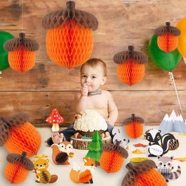 6PCS Acorn Decor Thankgiving Day Party Decorations Honeycomb Ball for Autumn Squirrel Themed Birthday Baby Shower 3D Acorn Hanging Ornaments for Christmas Tree