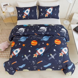 RYNGHIPY Kids Comforter Set Full Size, Cute Space Rocket Bedding Set for Boys Girls, Space Themed Teen Boy Bedding (Space Rocket,Full)