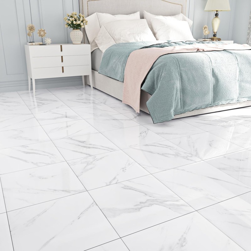 WESTICK White Marble Peel and Stick Floor Tile Bathroom Waterproof