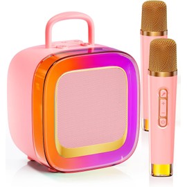 Kinglucky Karaoke Machine for Kids (Exclusive Edition) Girls Ages 3-12 with 2 Light-Up Microphones, Kid-Sized & Portable Bluetooth Speaker with Voice Effects for Birthday, Family Fun & Party (Pink)