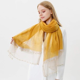 LumiSyne Women's Spring Silk Chiffon Scarf, Elegant Solid Color Scarf, Silk and Tulle Design, Beaded Decoration, Large Stole, Thin, Sunscreen Shawl, For Seaside, Travel, Work, yellow
