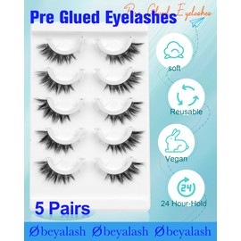 Waterproof Self Adhesive Eyelashes,Half Eyelashes 10-14mm 5 Pairs Natural Look Pre Glued Lashes, No Glue Needed, Wispy Fake Lashes Reusable and Comfortable by Obeyalash (6D49)