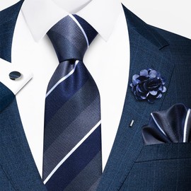 Ties Set Men Mixed Color Necktie Handkerchief Cufflinks Brooch 3.15 Formal (Blue Grey Striped)