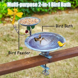 CaliDecor Bird Bath for Deck Railing and Balcony, 2 in 1 Bird Feeders for Outdoors with Heavy Duty Clamp, Unique for Outside and Silver Birdfeeder Suitable for Garden Porch Backyard