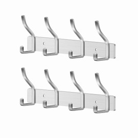 MEIJO Coat Hooks, Stainless Steel Hook Rail, Coat Rack, Silver Coat Hooks, Wall Hooks with 4 Hooks, Wall Hooks, Coat Rack for Bedroom, Bathroom, Kitchen, Clothes Rack (Silver, 4 Hooks, Pack of 2)