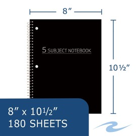 Roaring Spring College Ruled Poly Cover 5 Subject Spiral Notebook, 10.5" x 8" 70 Sheets,180 sheets,3 Hold Punched College Ruled White Paper, Poly Covers, Pocket,4 Dividers, Assorted Fashion Colors
